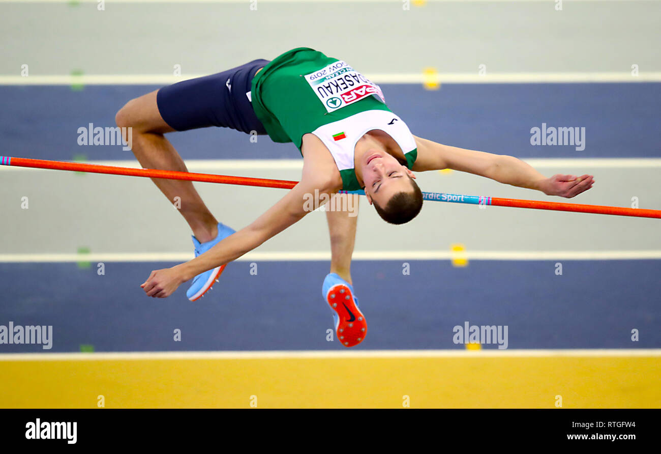 Belarus Maksim Nedasekau Competes In The Men S High Jump Qualifying During Day One Of The European Indoor Athletics Championships At The Emirates Arena Glasgow Stock Photo Alamy