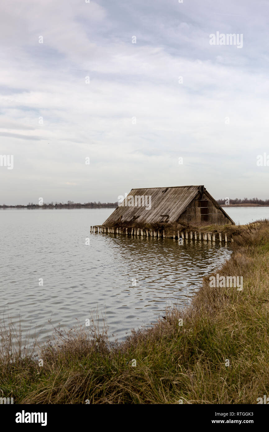 An old fishing depot in the Po Delta wetlands near Comacchio Stock Photo