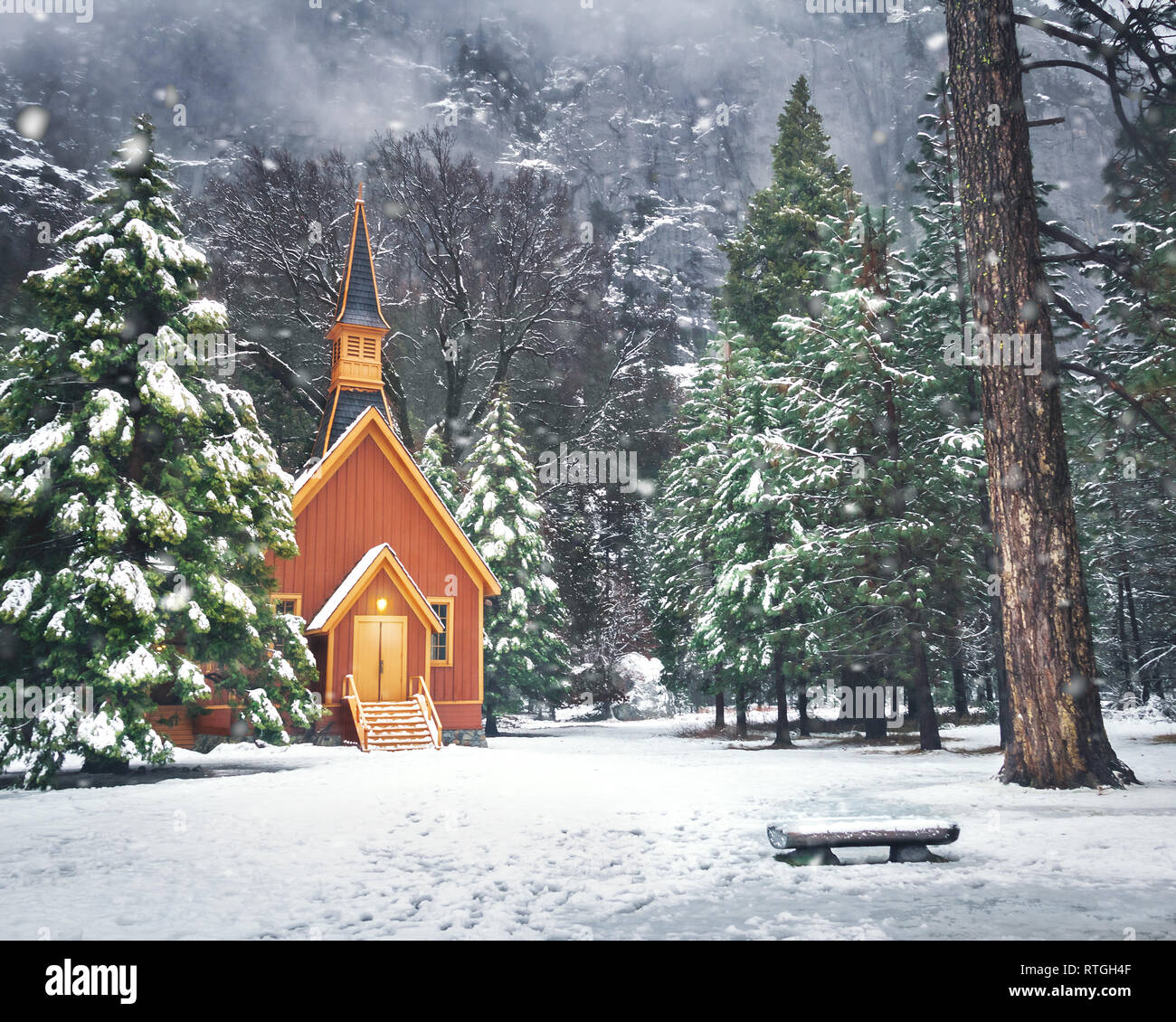 Yosemite Valley Chapel at winter with snow - Yosemite National Park, California, USA Stock Photo