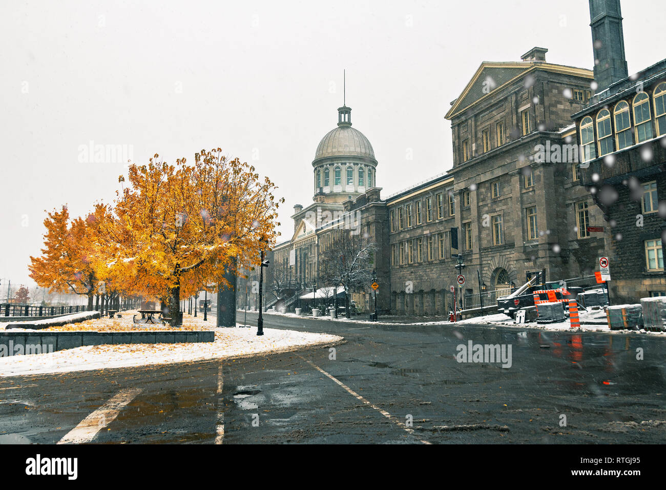 Old Montreal with snow and Bonsecours Market - Montreal, Quebec, Canada Stock Photo