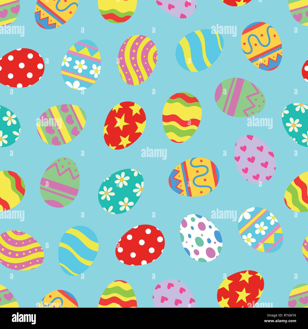 Easter eggs seamless pattern on light blue backgrond. Hand drawn vector illustration. Stock Vector