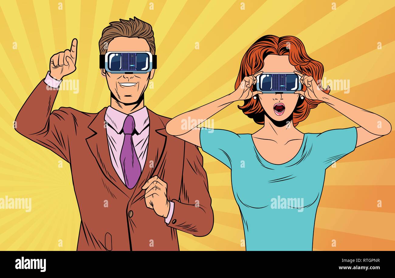 pop art couple using virtual reality glasses Stock Vector