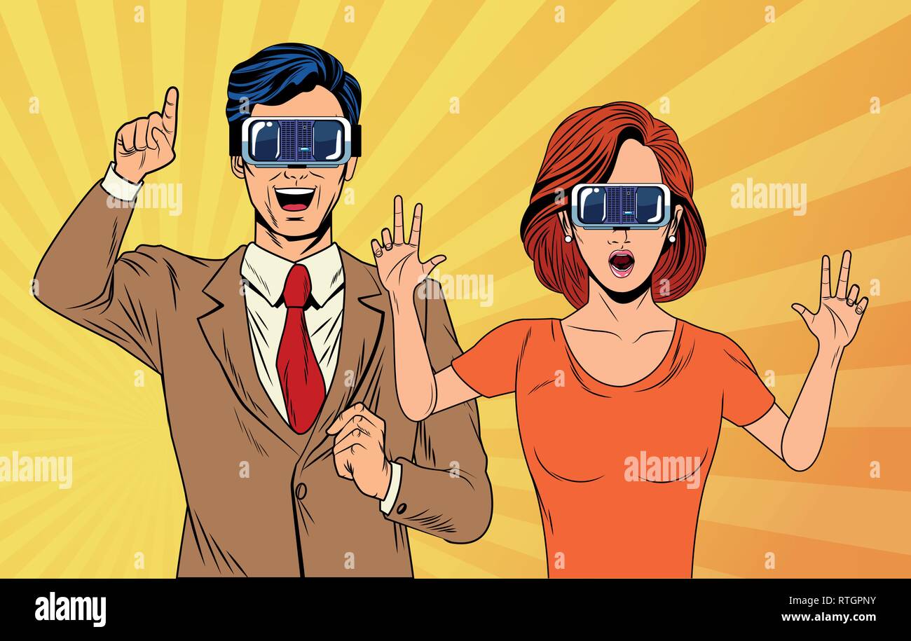 pop art couple using virtual reality glasses Stock Vector