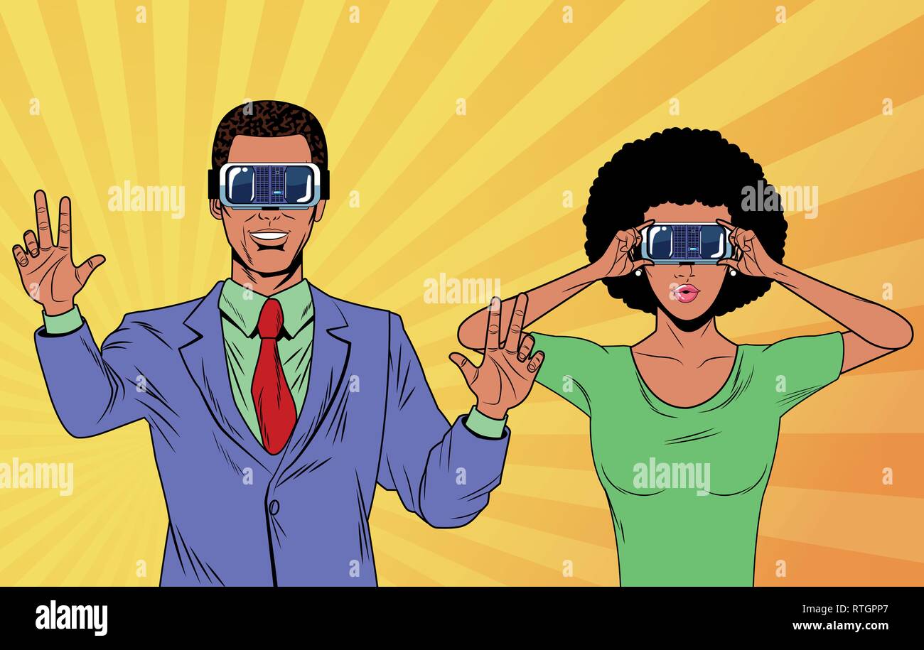 pop art couple using virtual reality glasses Stock Vector