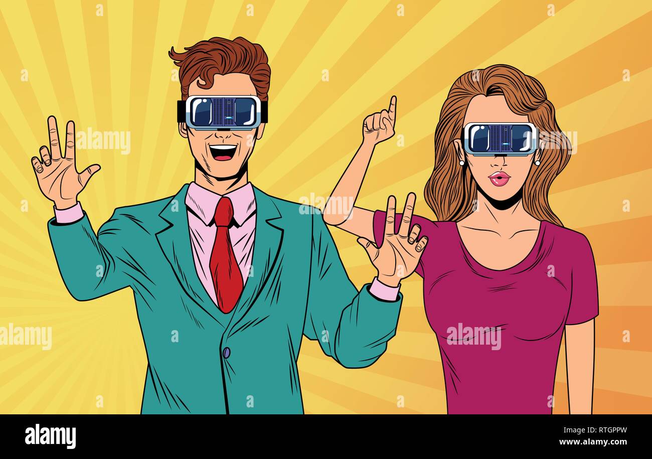 pop art couple using virtual reality glasses Stock Vector
