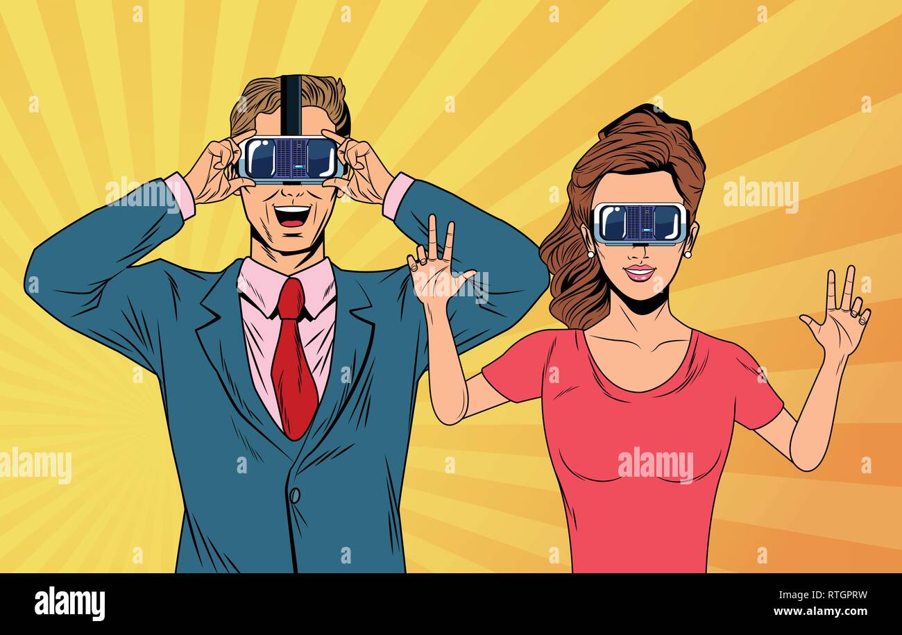 pop art couple using virtual reality glasses Stock Vector
