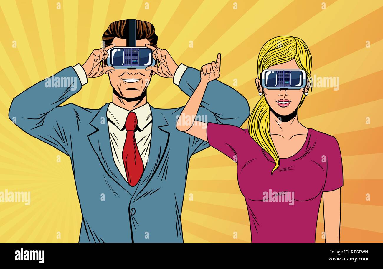pop art couple using virtual reality glasses Stock Vector