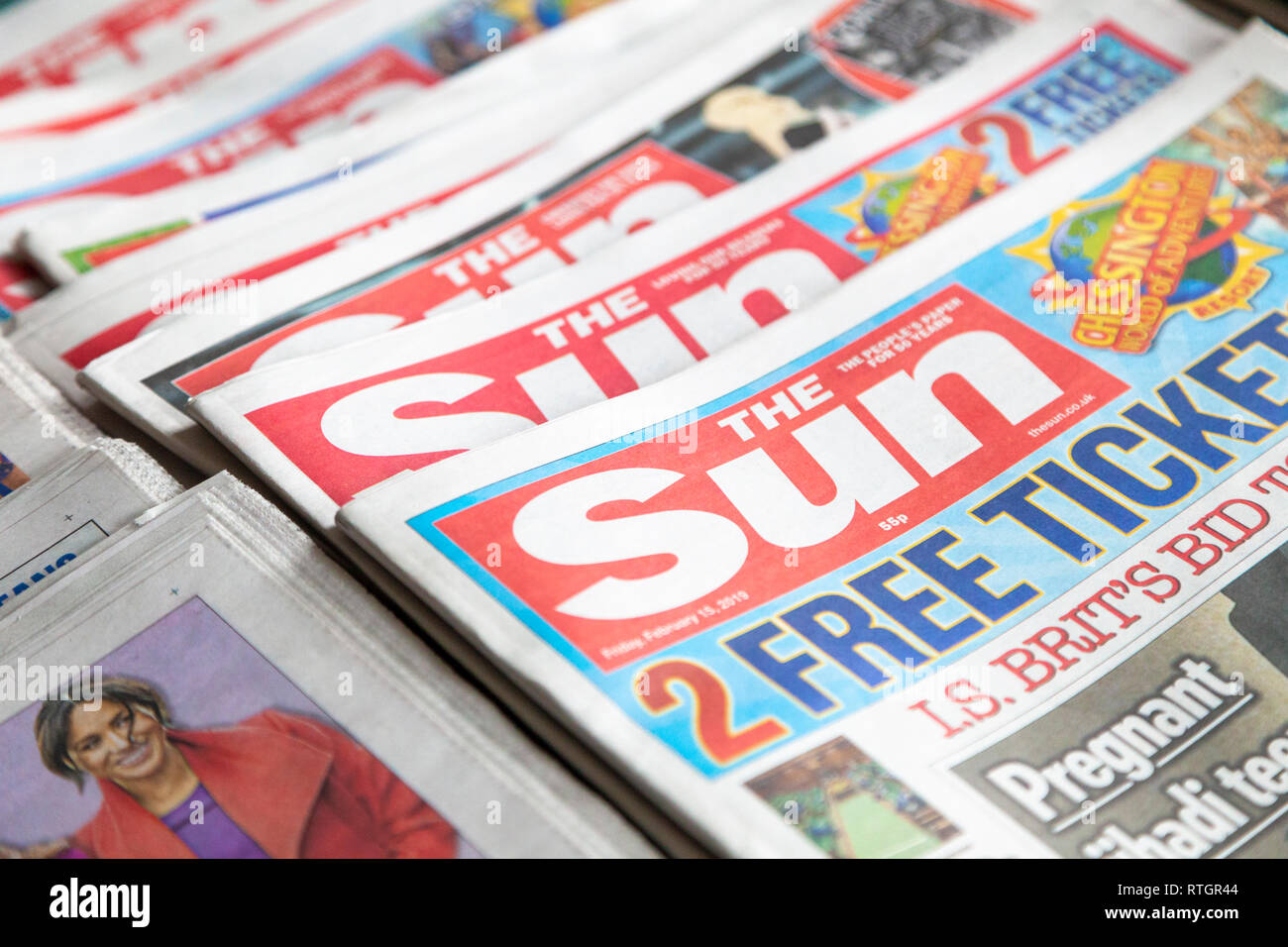 Front page of The Sun newspaper print tabloid national stack pile, uk 2019 Stock Photo