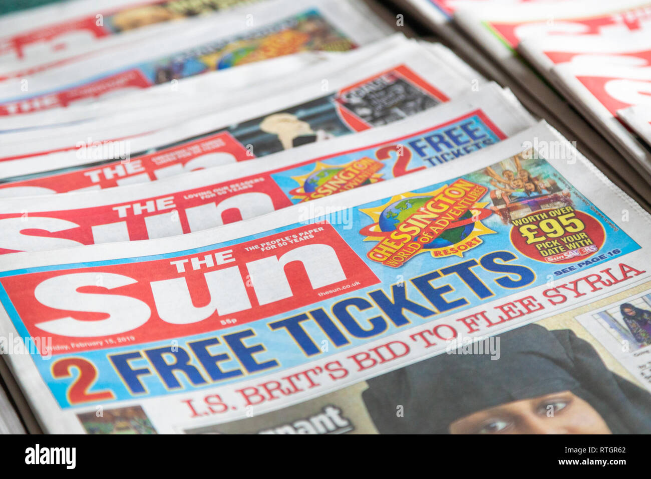 Front page of The Sun newspaper print tabloid national stack pile, uk 2019 Stock Photo