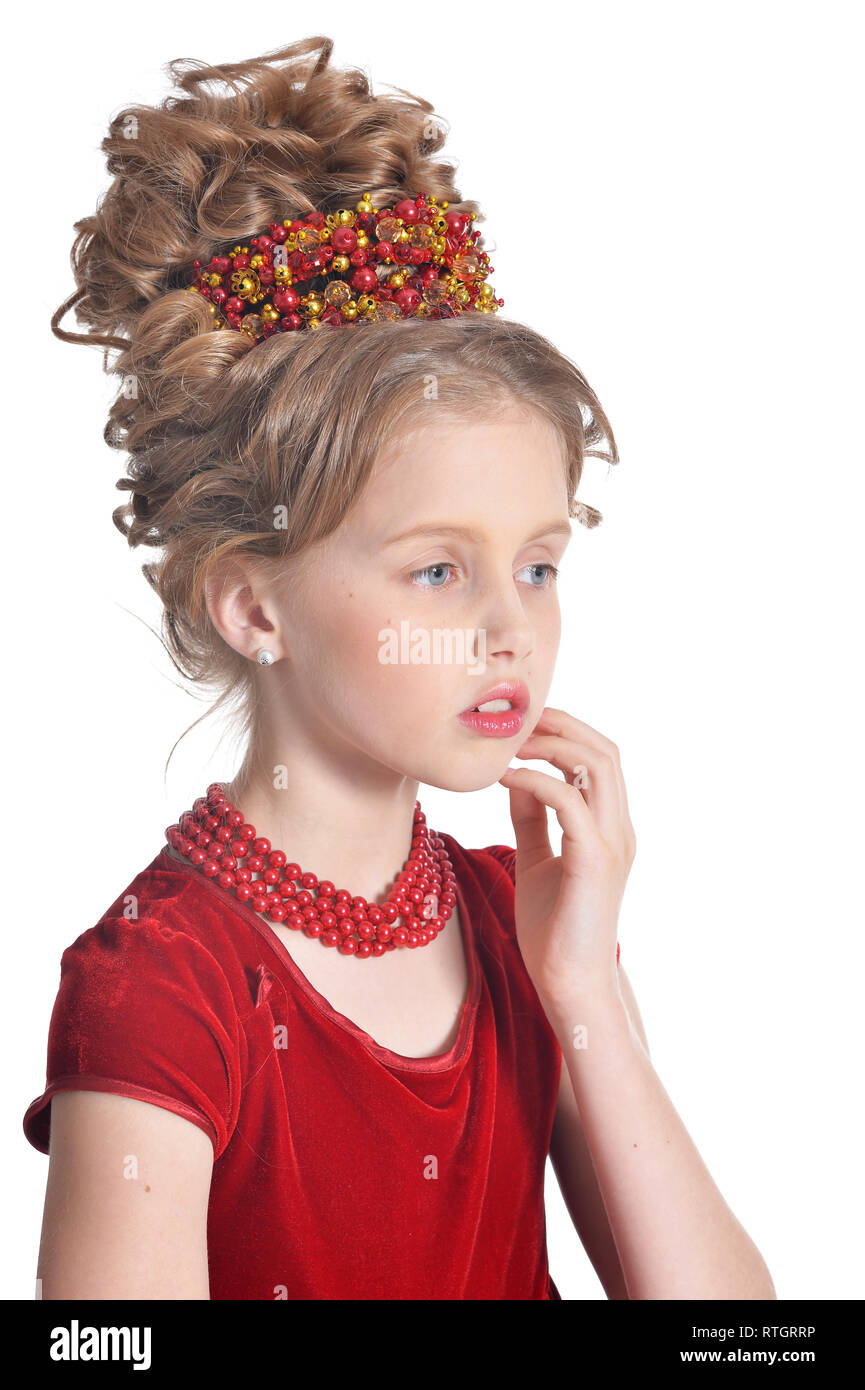 Portrait of cute girl in red dress posing isolated Stock Photo Alamy