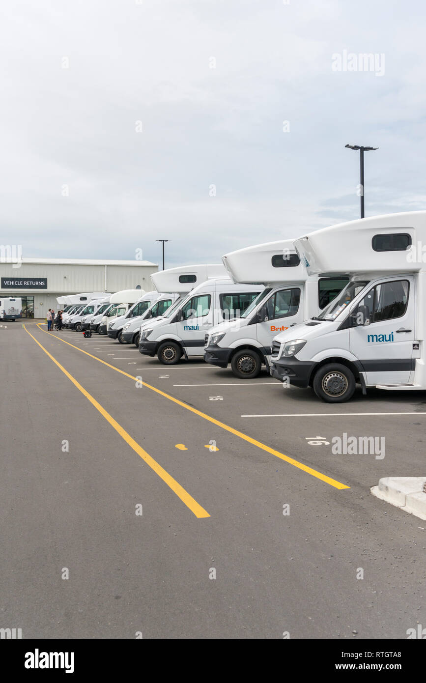 Motorhomes and campervans parked in a hire depot in Christchurch New