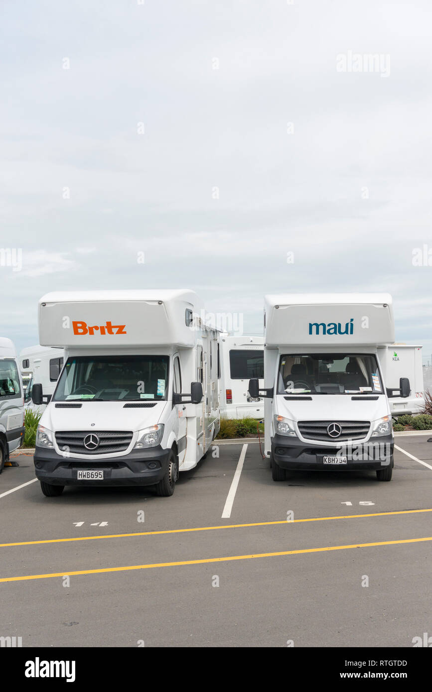 Motorhomes and campervans parked in a hire depot in Christchurch New