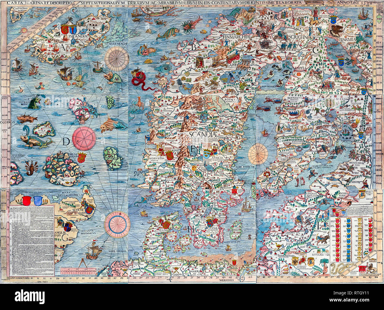 Carta marina, a wallmap of Scandinavia, by Olaus Magnus, 1539 Stock Photo -  Alamy