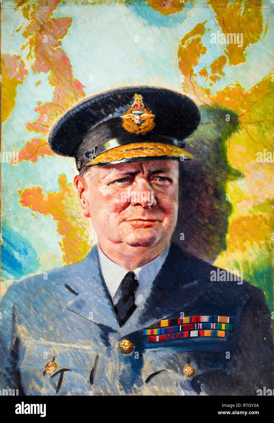 Winston Churchill in RAF uniform, portrait painting, c. 1940 Stock Photo
