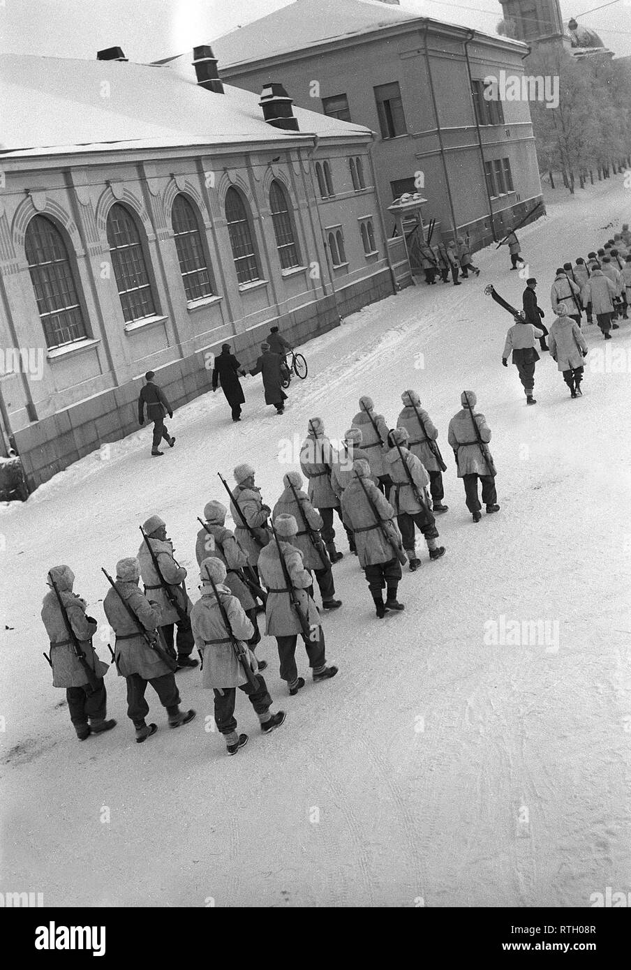 The Winter War. A military conflict between the Soviet union and Finland. It began with a Soviet invasion on november 1939 when Soviet infantery crossed the border on the Karelian Isthmus. About 9500 Swedish volunteer soldiers participated in the war.  Pictured Danish volunteer soldiers marching. January 1940. Photo Kristoffersson ref 101-7. Stock Photo