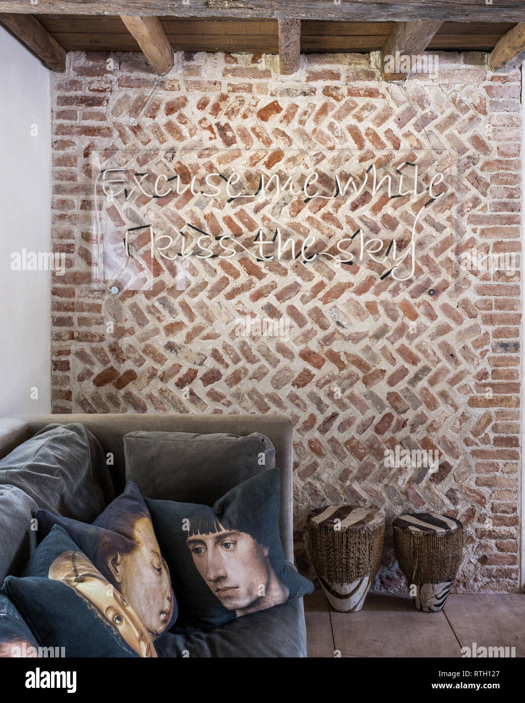 Medieval herringbone brickwork with portrait cushions printed for Mirka