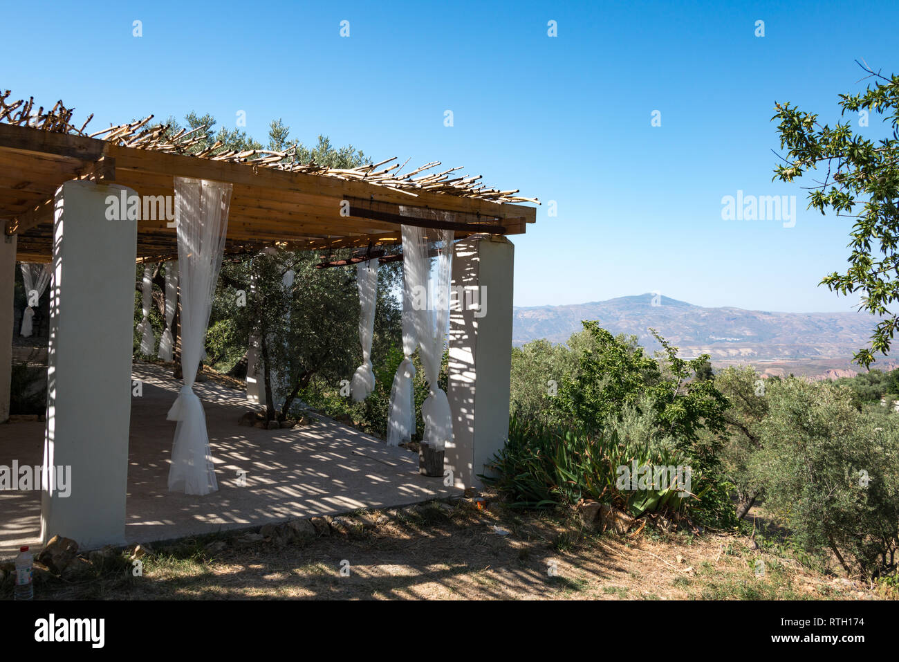 An outdoor yoga studio near the village of Mairena in the Alpujarras mountains region of Andalucia, Spain Stock Photo