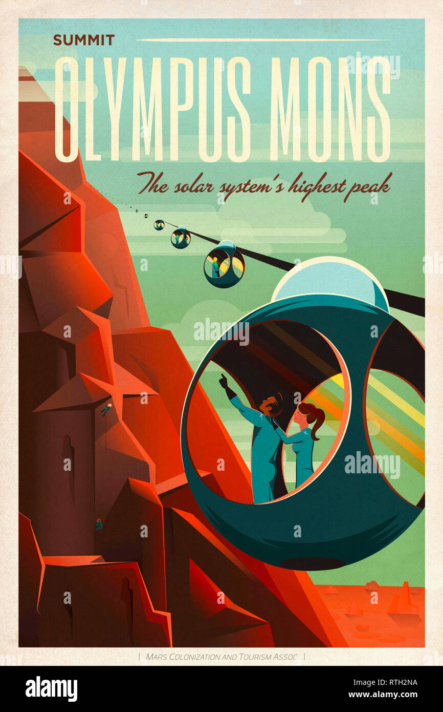 Olympus Mons, Fictional Mars vintage travel poster commissioned by Space X, 2015 Stock Photo