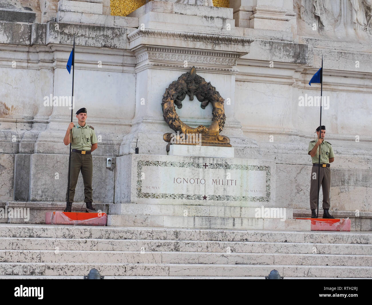 Amazing and majestic Vittorio Emanuele II Monument or Altare della Patria. Tomb of Unknown Soldier with honorary guards on both sides. Piazza Venezia. Stock Photo