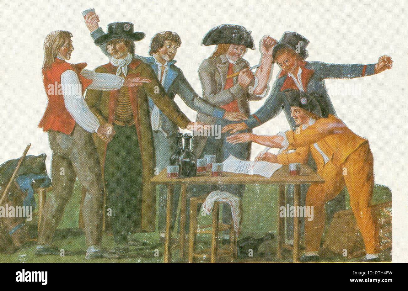 Les patriotes partent en guerre. Enrôlement des volontaires. Gravure en couleurs de LESUEUR. Juillet 1792. Stock Photo