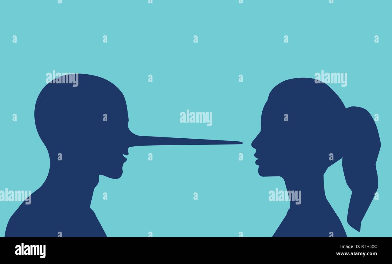 Lies in a relationship concept. Vector of a woman looking at a lying man with a long nose. Stock Vector