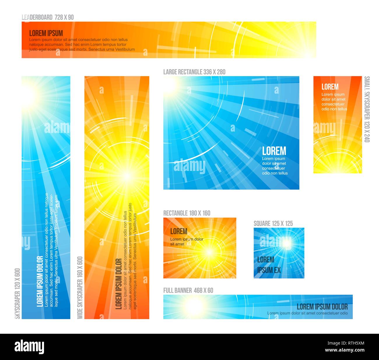 Collection of various sizes banners with blue and yellow summer sun background Stock Vector
