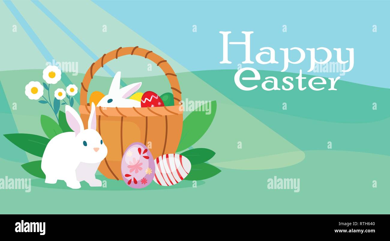 Vector of a colorful easter card with bunny, basket with eggs on a meadow blue sky background Stock Vector