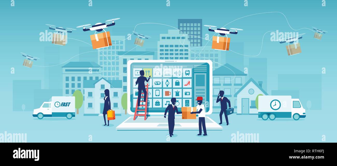Online delivery modern technology and logistics concept. Vector of people shopping online with drone, truck courier van delivering merchandise on a ba Stock Vector
