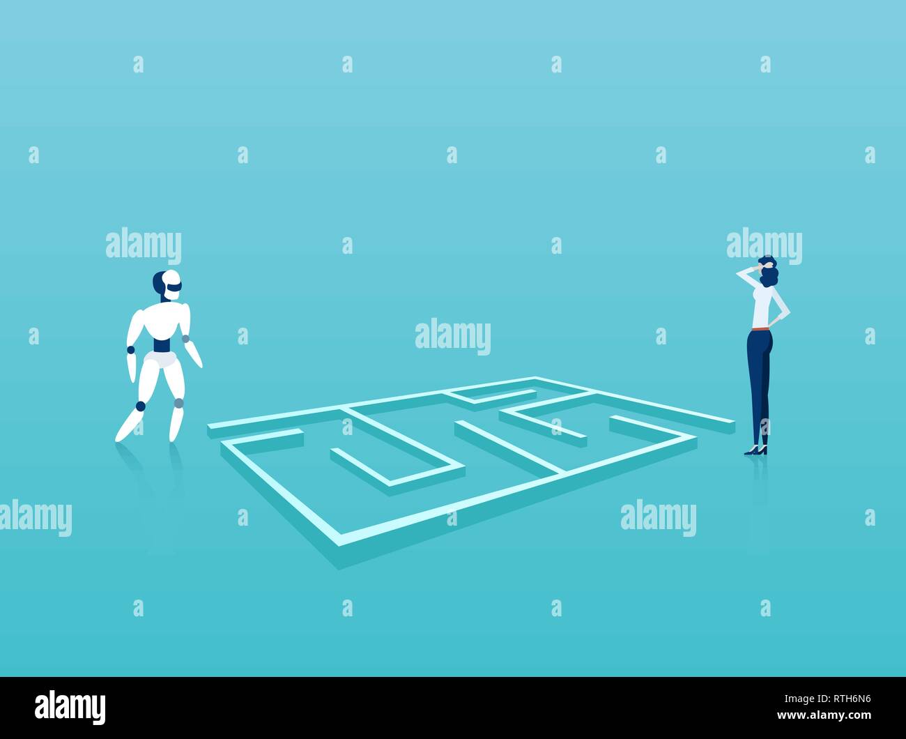 Business solution technology implementation concept. Vector of businesswoman and robot standing next to labyrinth looking for creative solutions and s Stock Vector