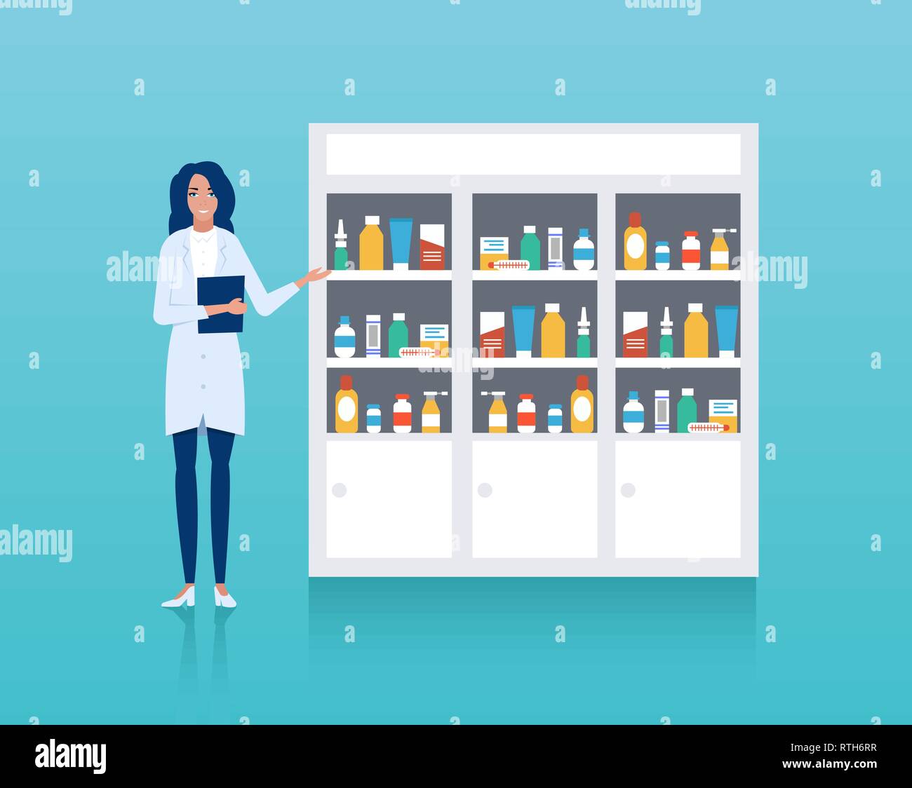 Pharmacist workplace. Vector of pharmacy counter with shelves and health care professional Stock Vector
