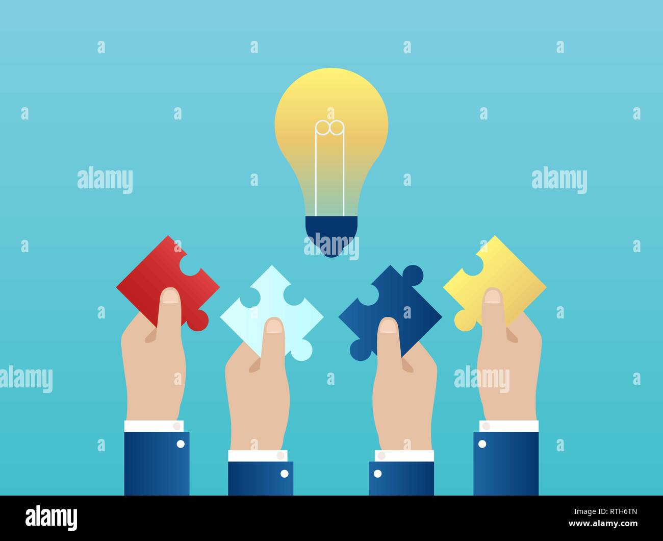 Vector of four hands together reaching out with puzzle pieces having a successful idea. Teamwork concept. Stock Vector