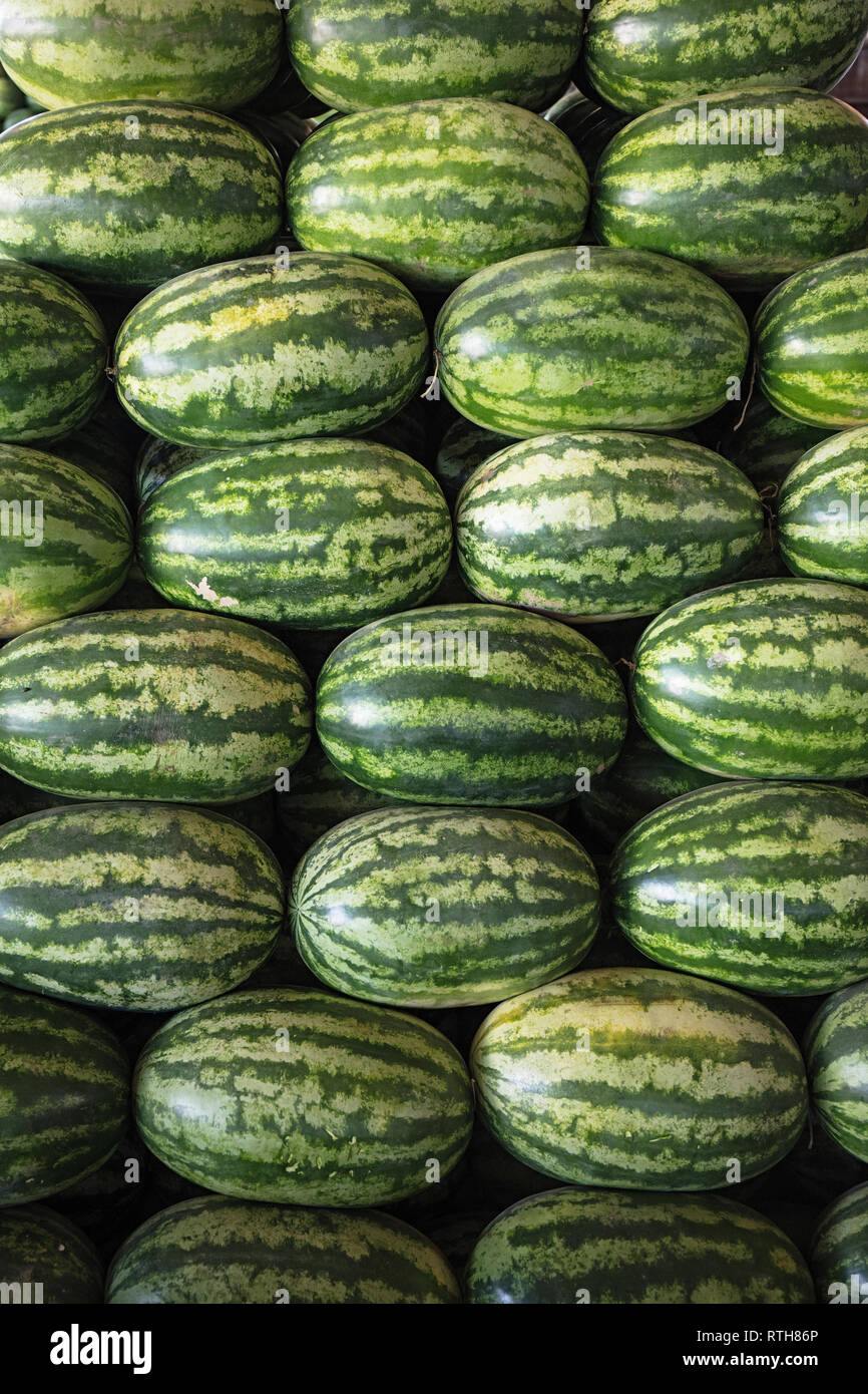 Watermelons inside the central market of Yangon, Myanmar (Burma). Stock Photo