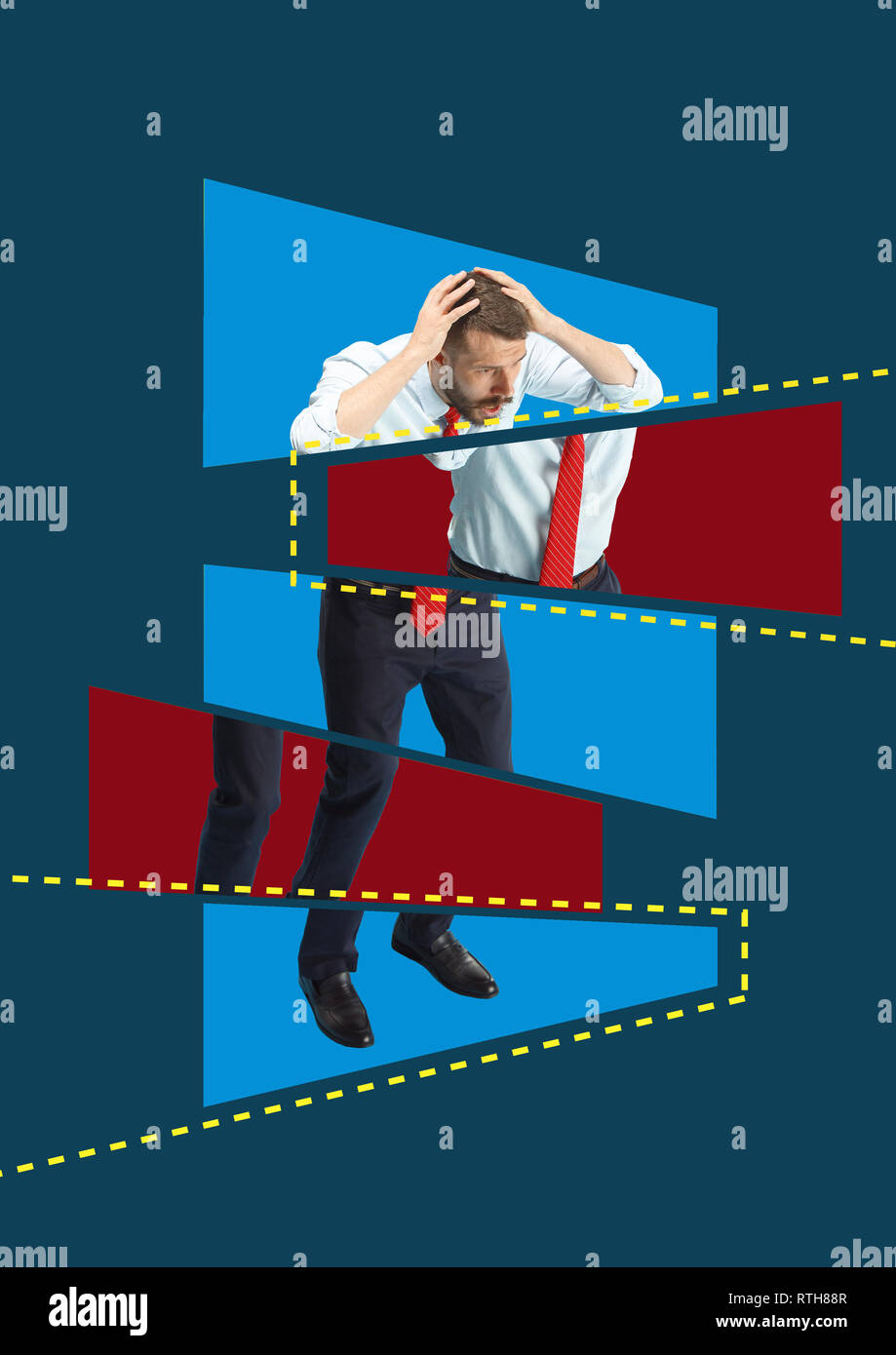 Scared and shocked businessman under boss pressure. Flat isometric view of man. Business ...