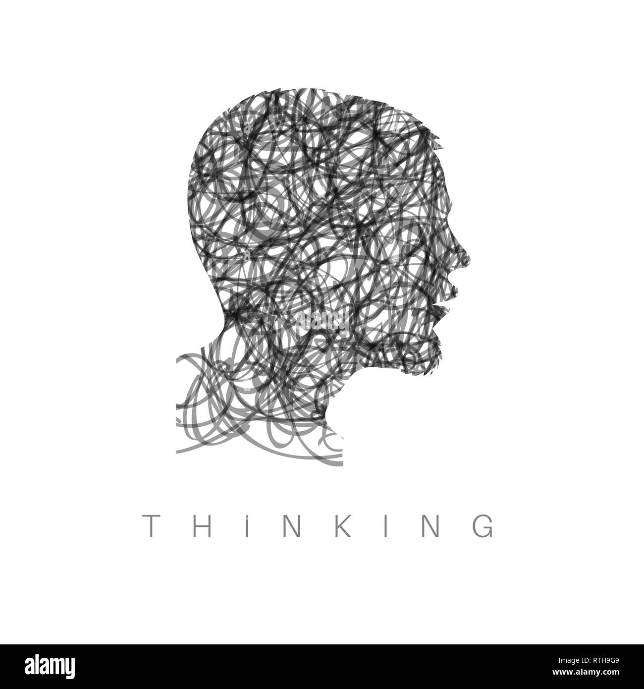 Vector thinking concept illustration head made from gray doodle line