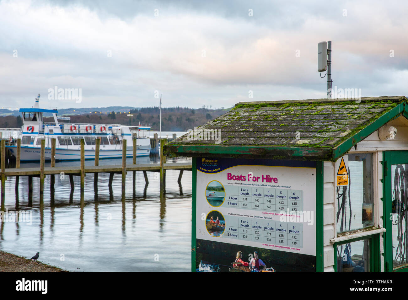 Ambleside jetty on Lake Windermere with boats for hire,Lake District