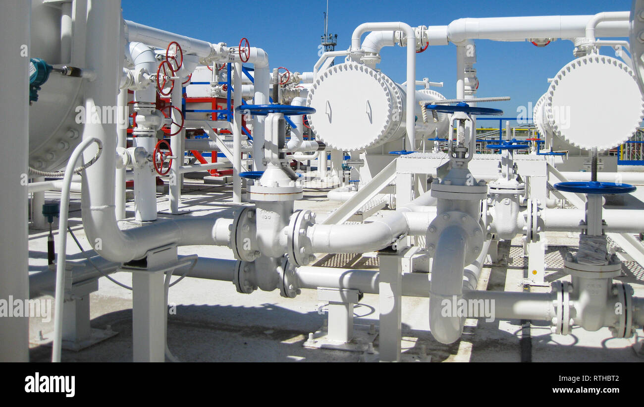 Oil refinery. Equipment for primary oil refining. Stock Photo