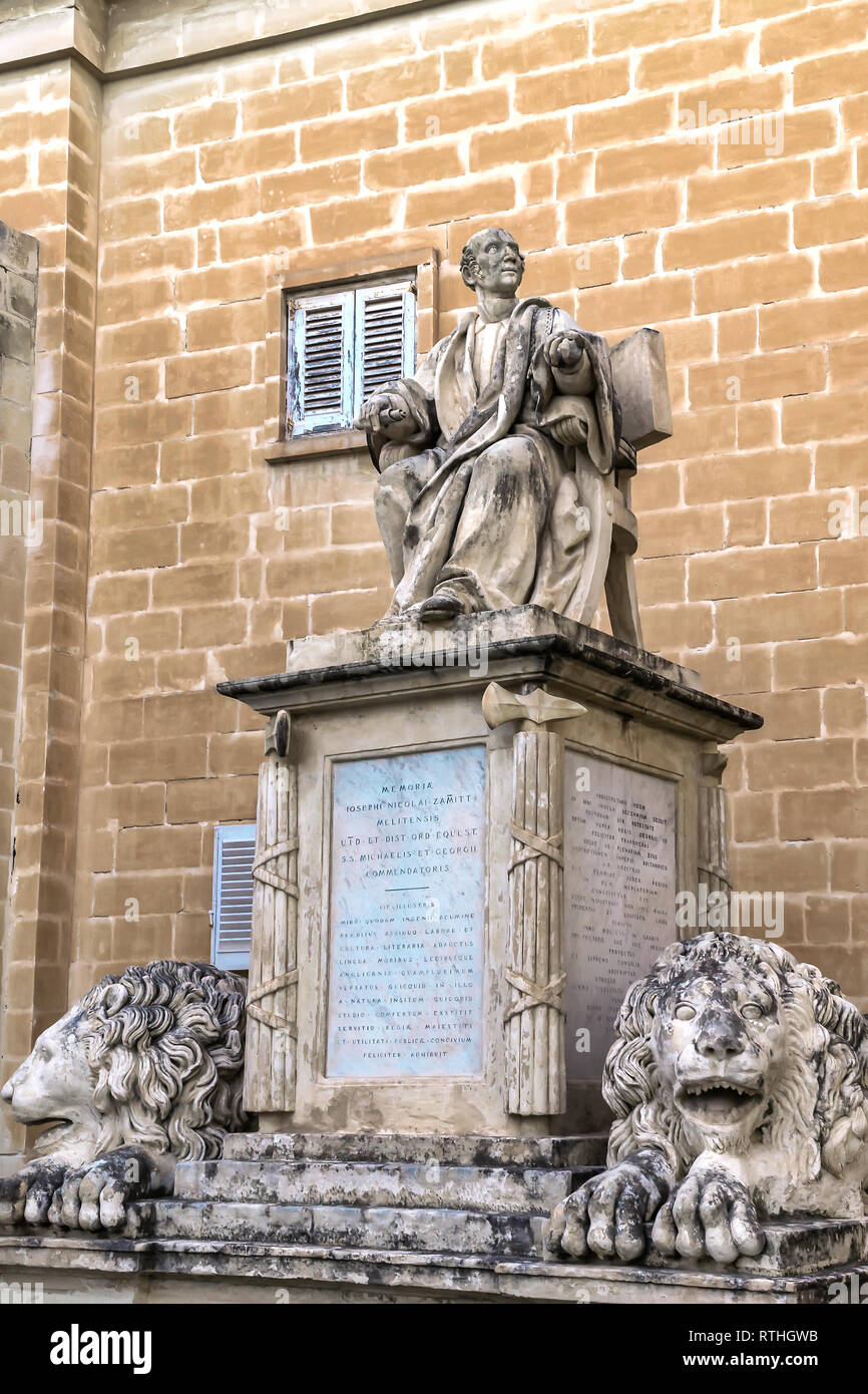 Malta, Valletta: Monument dedicated to Sir Dr. Joseph Nicholas Zammit, 1771-1823, a Maltese legislator and judge. Stock Photo