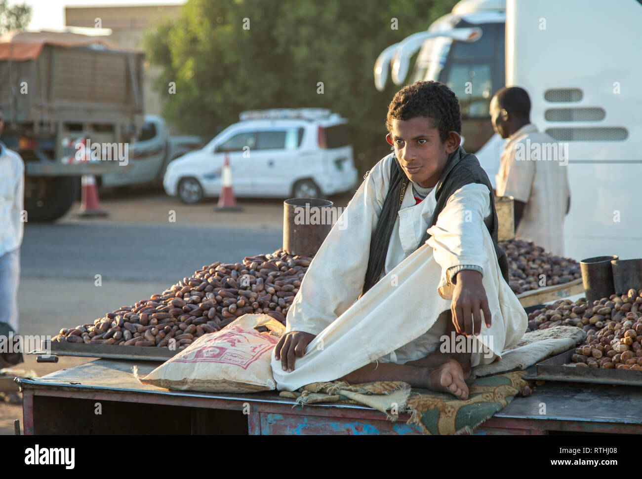 Khartoum, Sudan, 18th December 2015: sudanese man selling dates at a street market Stock Photo
