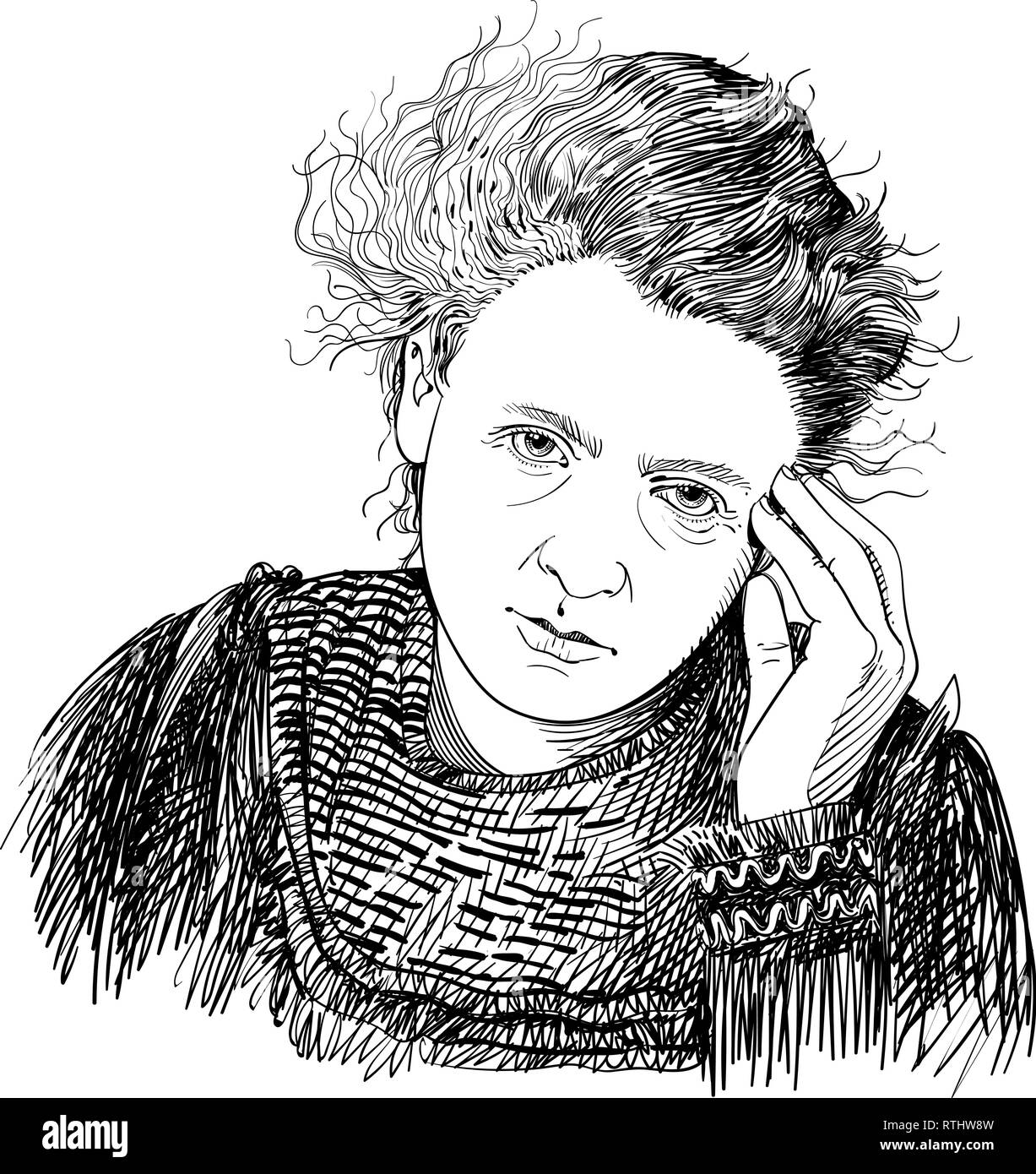 Marie Curie portrait in line art illustration. Stock Vector