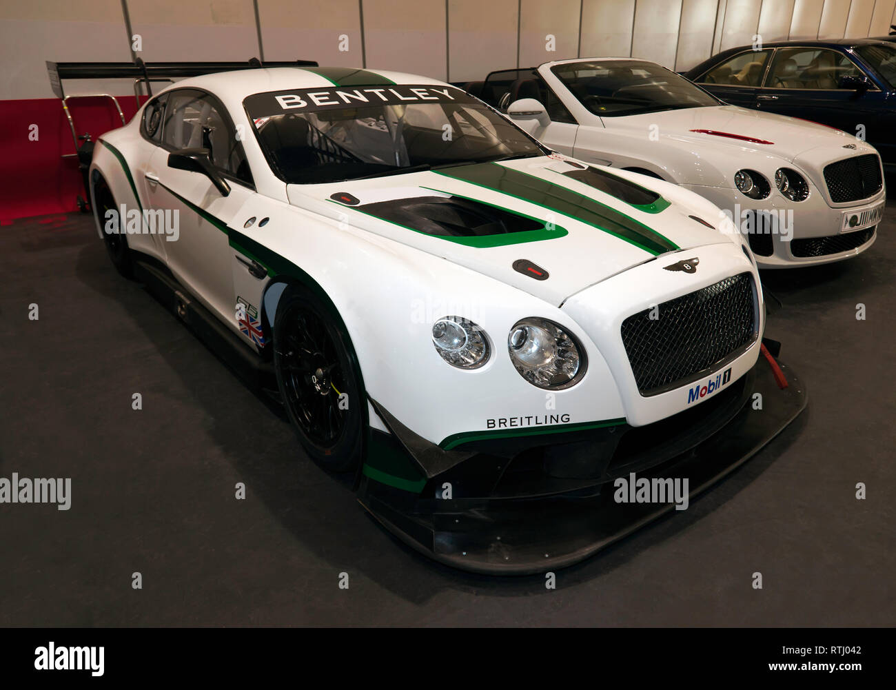 Three-quarter front view of a 2017 Bentley Continental GT3, on display in the Paddock Area of the 2019 London Classic Car Show Stock Photo