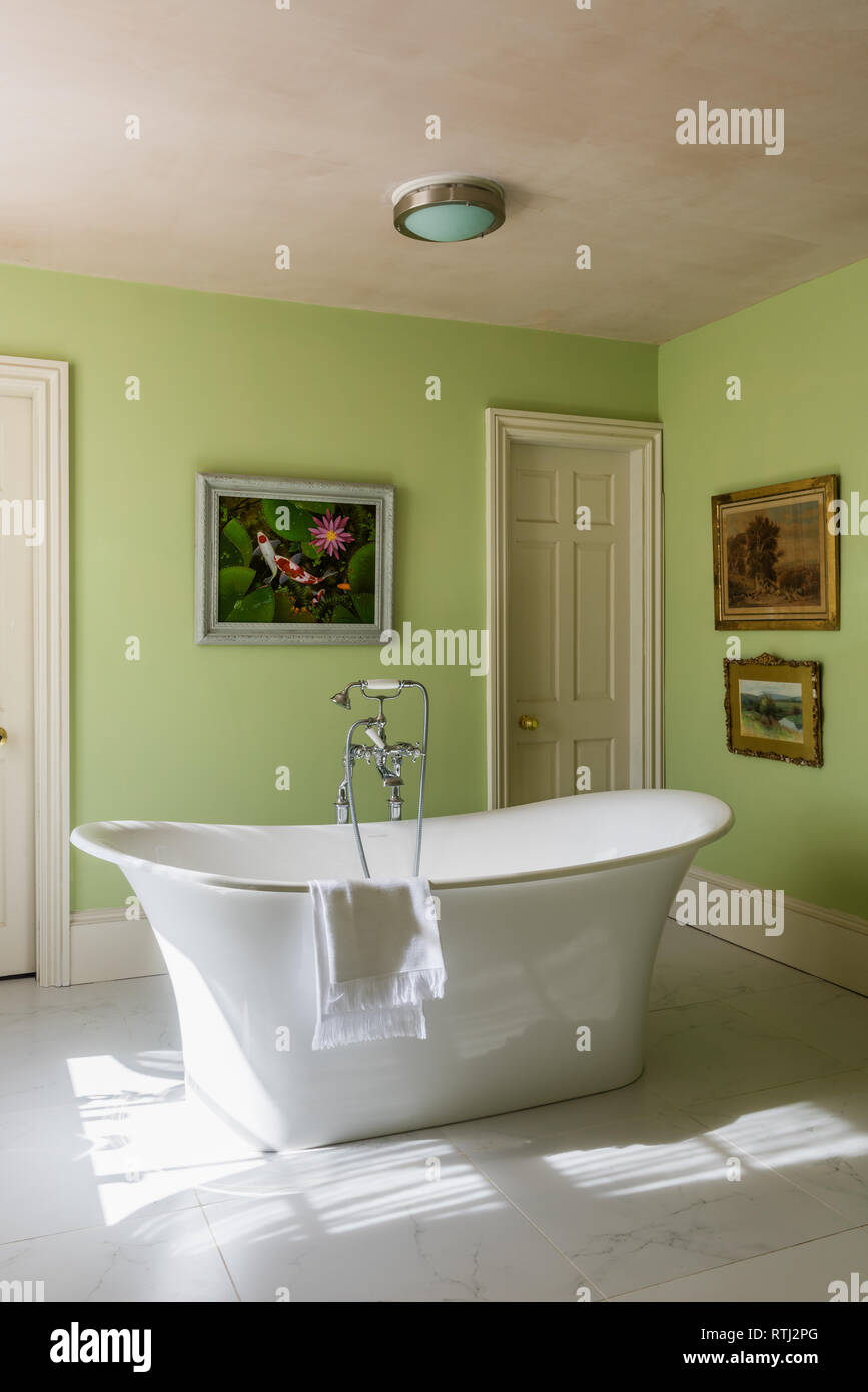 Bathroom walls painted in Green Verditer by Little Greene Stock Photo