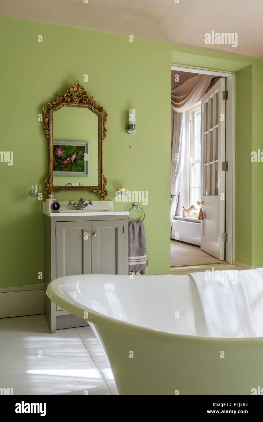 Bathroom walls painted in Green Verditer by Little Greene Stock Photo