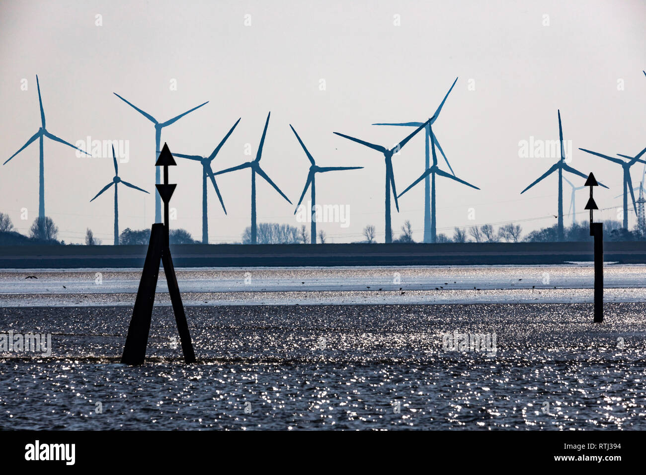 Wind farm, wind turbines, North Sea coast, Wadden Sea, in the district of Wittmund, Ostfriesland,East Frisia,  Lower Saxony, Germany, Stock Photo
