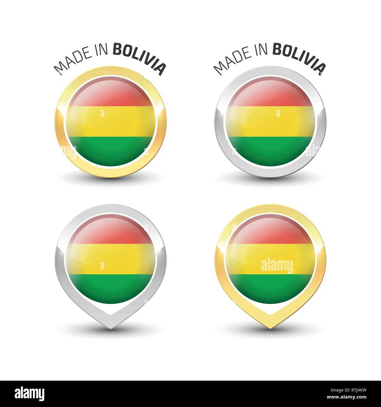 Made in Bolivia - Guarantee label with the Bolivian flag inside round gold and silver icons. Stock Vector