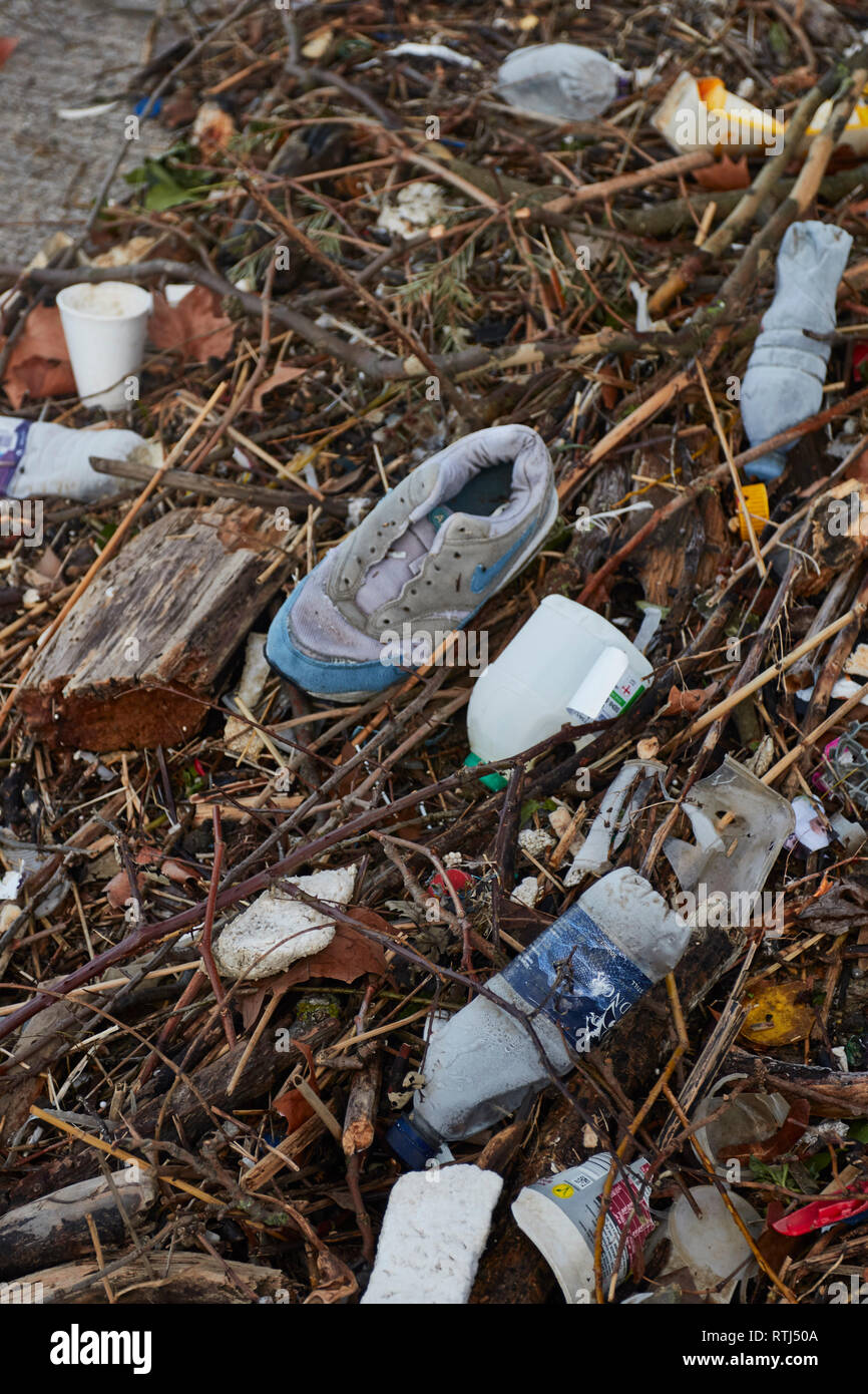 Plastic environmental waste along the Thames in London, England, United