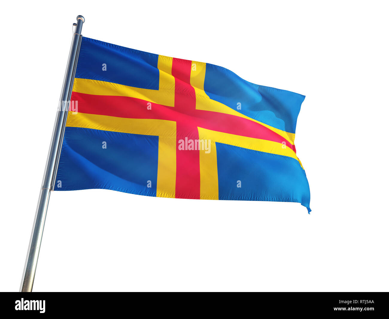 Aland Islands National Flag waving in the wind, isolated white background. High Definition Stock Photo