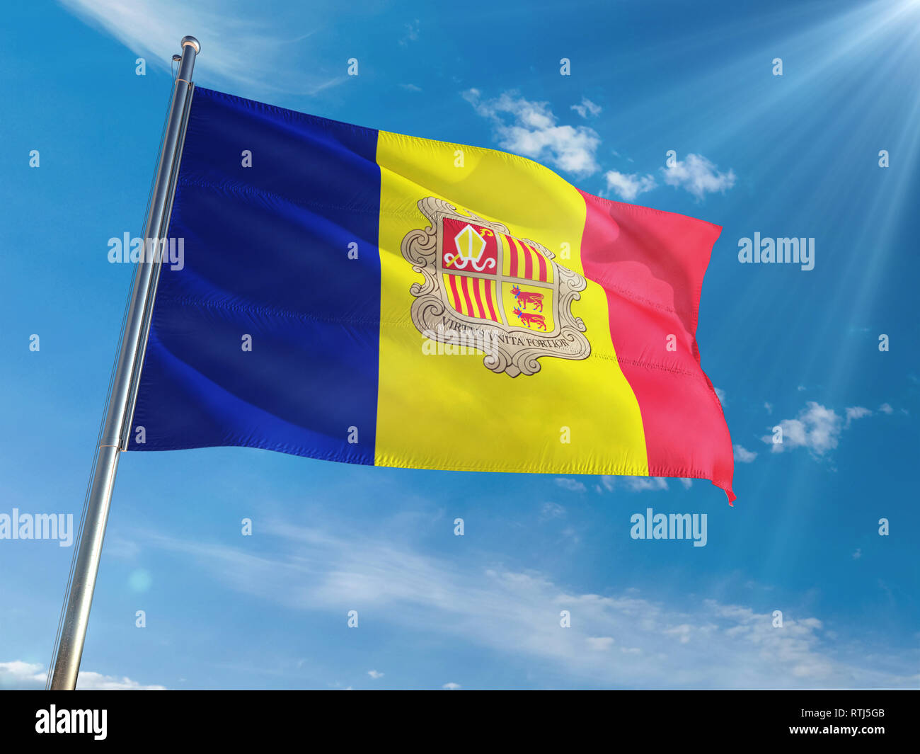 Andorra National Flag Waving On Pole Against Sunny Blue Sky