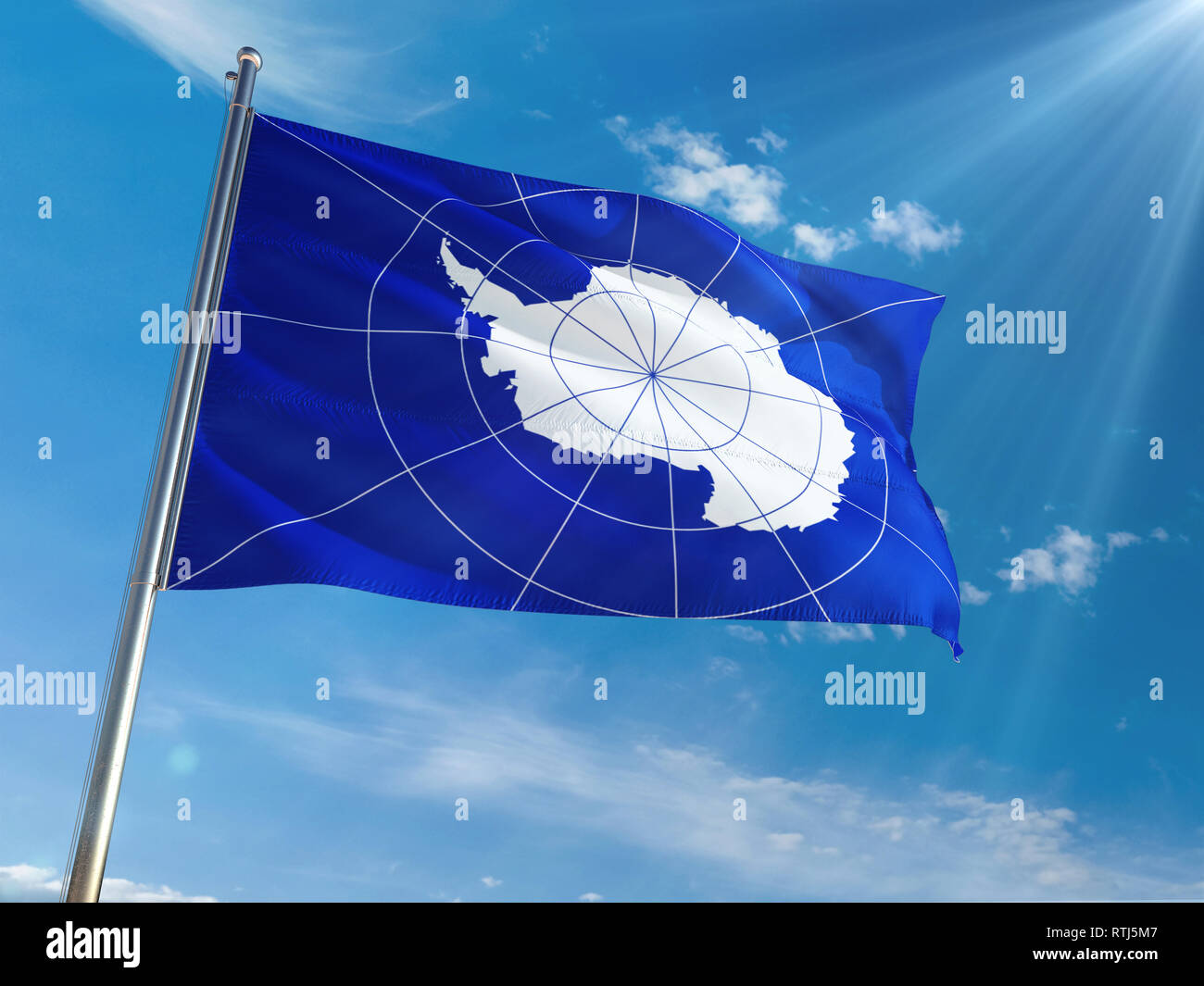 antarctica-national-flag-waving-on-pole-against-sunny-blue-sky