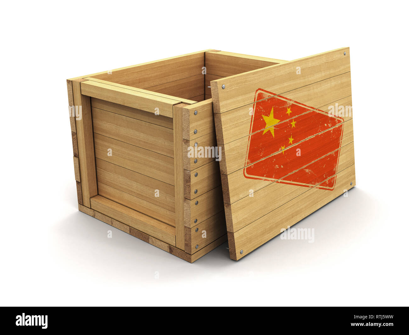 Wooden crate with stamp Chinese flag. Image with clipping path Stock