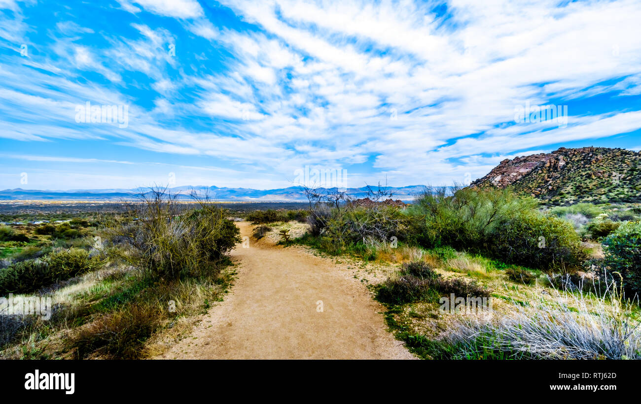 View of the Valley of the Sun and the rugged rocky mountains in the McDowell Mountain Range around Phoenix, Arizona viewed from the Tom's Thumb Trail Stock Photo